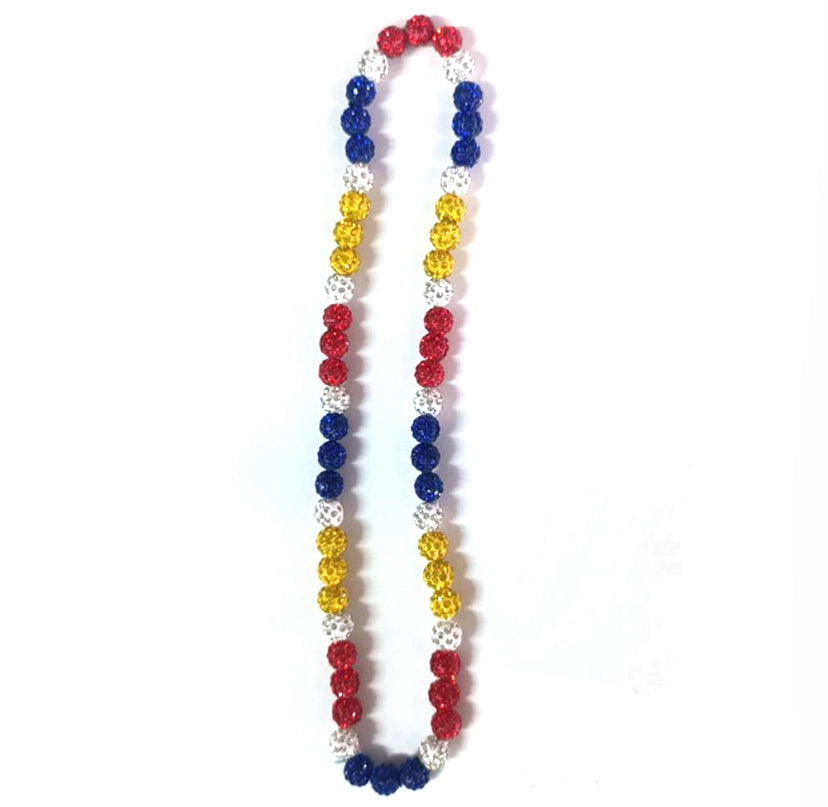 Necklace with red, white, and blue beads on a white background