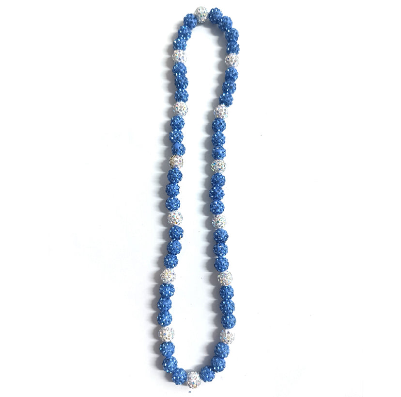 Necklace with blue and silver beads on a white background