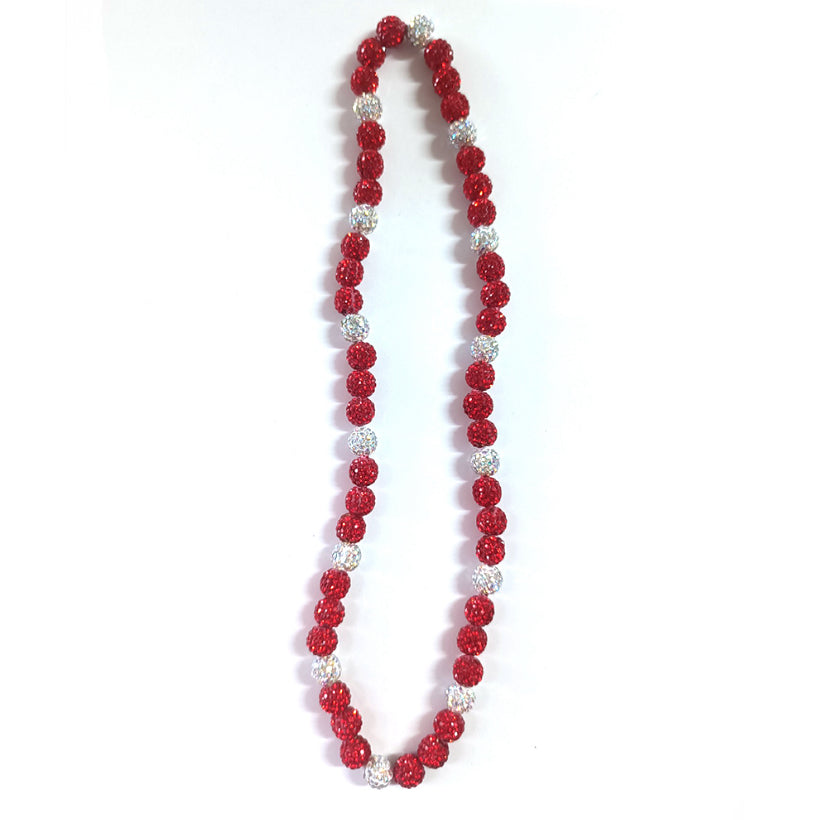 Necklace with red and silver beads on a white background