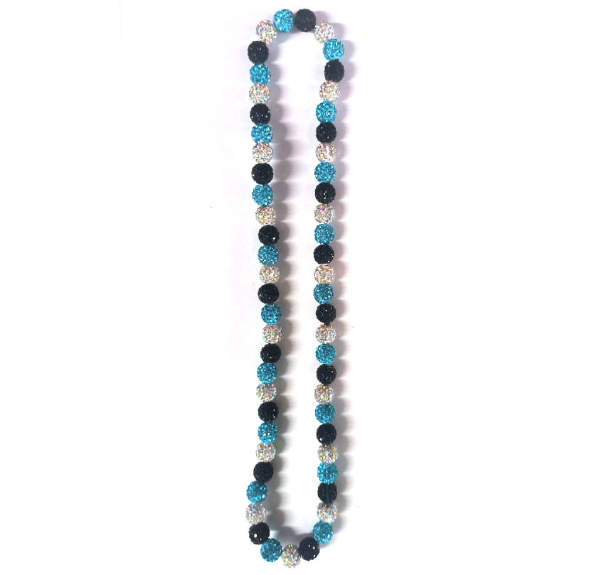 Necklace with black, blue, and silver beads on a white background