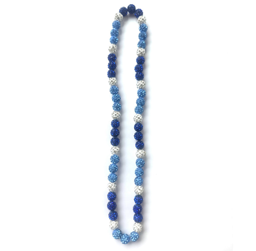 Necklace with blue and silver beads on a white background