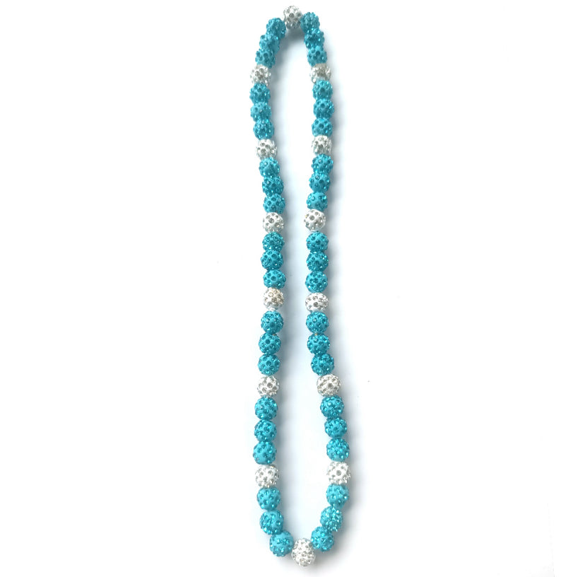 Turquoise and silver beaded necklace on a white background